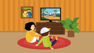 Çocuklar TV vektör illüstrasyonunu izliyor 