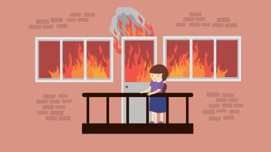 Yanan vektör çizim tasarımının balkonundaki kadın.