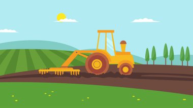Bir alan vektör illüstrasyonlu traktör