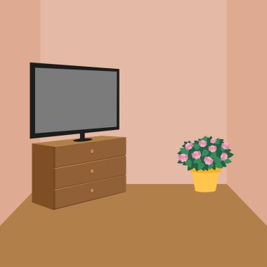 Ahşap zeminli modern televizyon ve bitki vektör illüstrasyon tasarımı