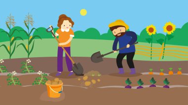 Tarlada küreklerle çalışan çiftçiler, vektör çizimi basit tasarım