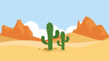 Kaktüs ve dağlarla çöl manzarası, vektör illüstrasyonu