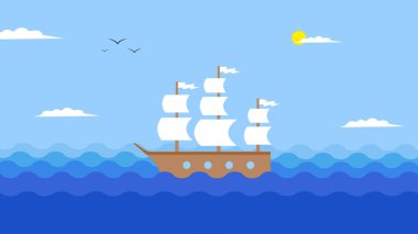 Deniz arka planında çizgi film gemisi. Yelkenin düz çizimi