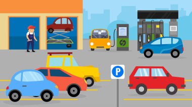 Araba ve trafik sıkışıklığı vektör çizimi