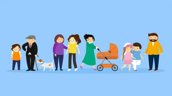 Large family, family members, dog, children, stroller
