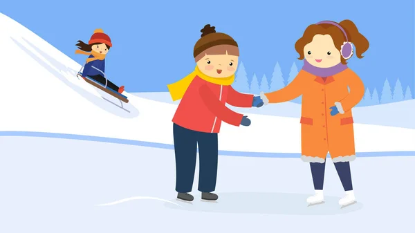 Αγόρι Και Κορίτσι Κάνουν Σκι Στο Χιόνι — Διανυσματικό Αρχείο