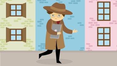 vector illustration of man with laptop walking on street