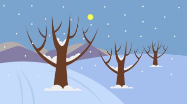 Kar ve ağaçlarla kaplı kış manzarası. vektör illüstrasyonu