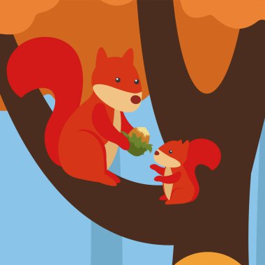 cute squirrels in the forest vector illustration