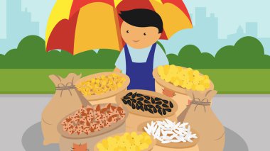 farmer with vegetables and food in the market. vector illustration