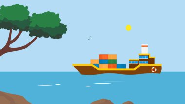 cargo ship with the sea and the sky. vector illustration