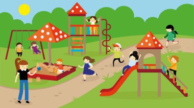 children play on the summer playground in summer. vector illustration