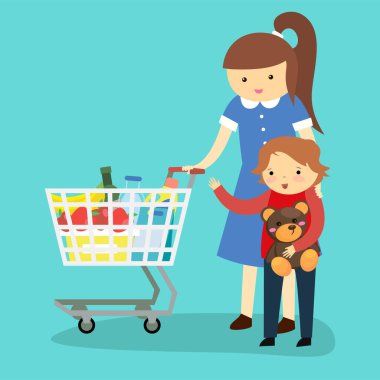 happy family with shopping cart, vector illustration design