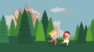 children run away from the fire in the forest vector illustration design