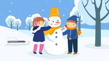 winter season, christmas, new year, snow, snowman, boy, girl