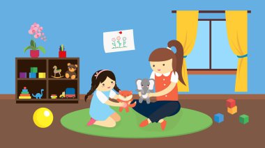 mother and daughter playing in the room illustration