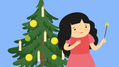 happy young woman with christmas tree vector illustration