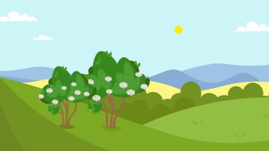 Ağaçlı ve dağlı manzara, vektör illüstrasyonu