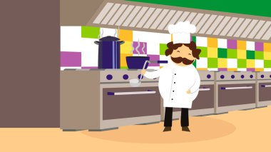 vector illustration of a chef on the kitchen with soup ladle