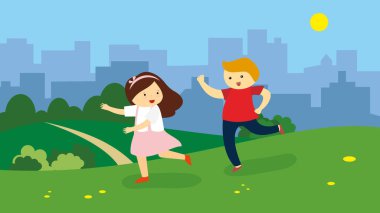 happy little boy and girl in the park vector illustration design