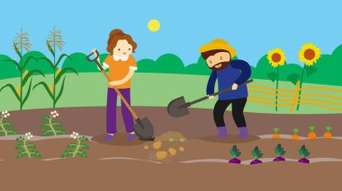 farmers with shovels in the garden vector illustration