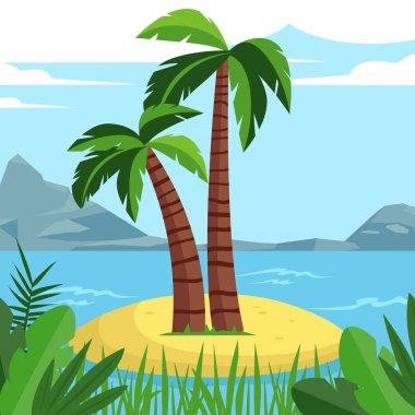 Palmiye ağaçları ve denizi olan tropik bir ada