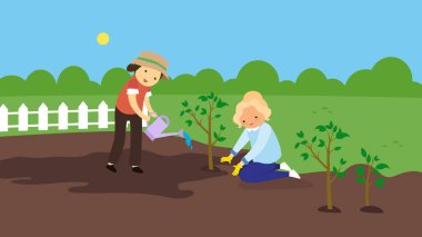 farmers with shovel in the garden vector illustration