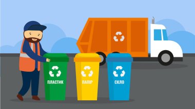 vector illustration of a man and a recycling bins