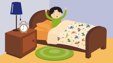 sleeping man in bed with sleep and alarm clock vector illustration