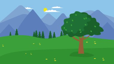 Dağlı ve ağaçlı manzara, vektör illüstrasyonu