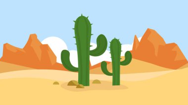 desert landscape with cactuses and mountains. vector illustration