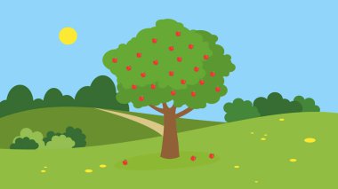 apple tree on a background of the forest. vector illustration