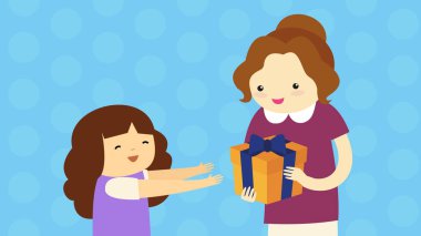 Mutlu anne ve kız hediye kutusu çizimi ile