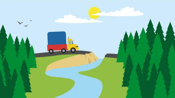 Car Moving Forest Road Vector Illustration — Vettoriale Stock