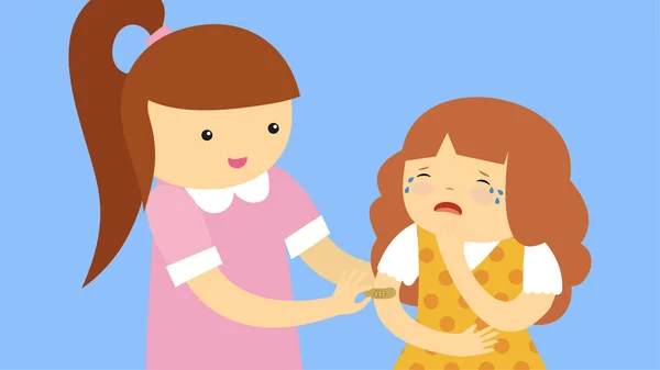 Mom Puts Band Aid Hand Crying Daughter — Stockvektor