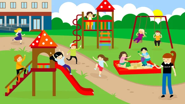 Children Playing Playground Vector Illustration — 스톡 벡터
