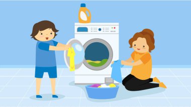 illustration of a boy helping his mother washing her laundry