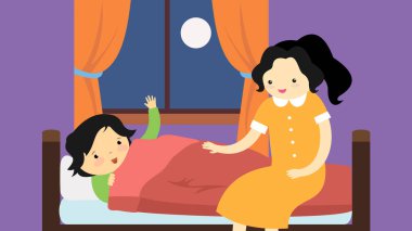 mom puts son to bed vector illustration