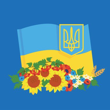Ukrainian national flag and coat of arms background decorated with bright flowers, vector illustration