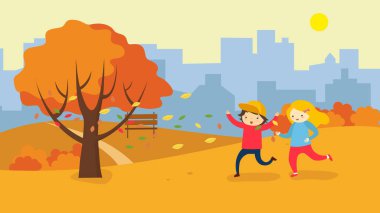 happy children with autumn leaves and trees, vector illustration