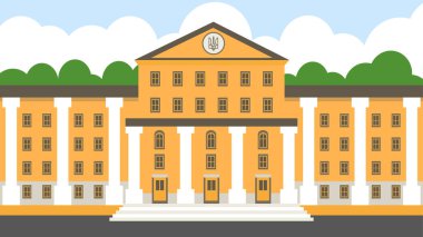 University building with Ukrainian coat of arms, vector illustration design