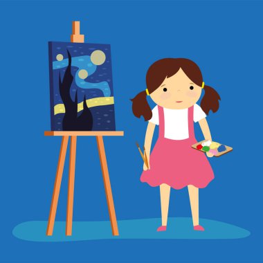 girl artist painting on easel with paintbrush and palette