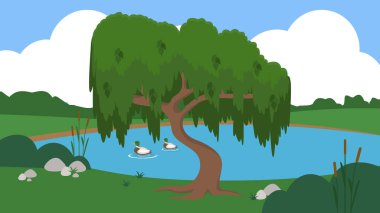vector illustration of a landscape with ducks on the lake