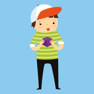 vector illustration of a man in cap holding cube 