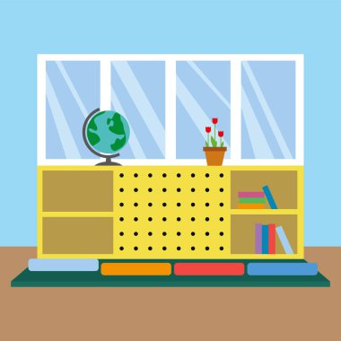 classroom with books and plants in the room vector illustration design