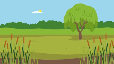 vector illustration of a green field with tree 