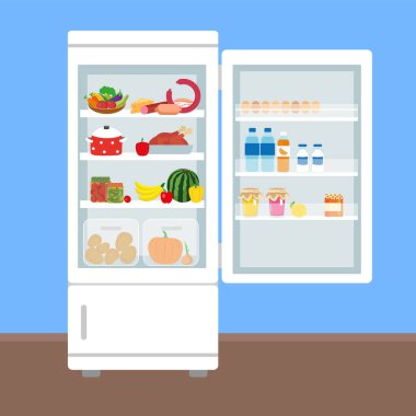 vector illustration of food and drinks in fridge