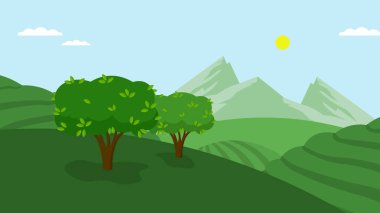 forest landscape with trees and mountains, vector illustration