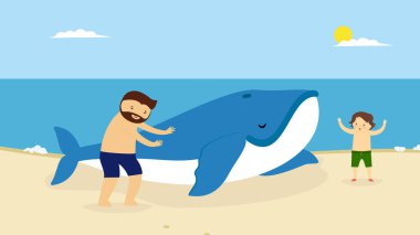 Dad with a boy on the shore pushing a whale into the sea