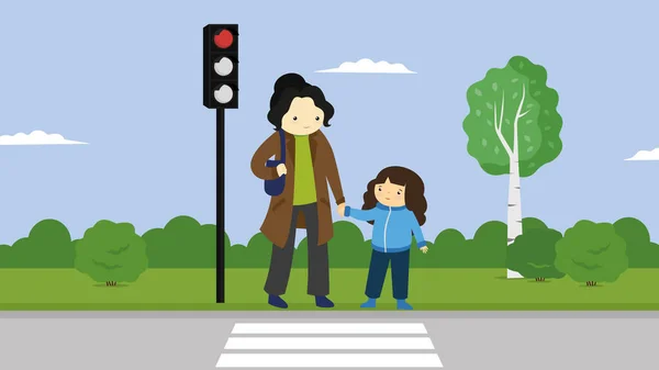 Vector Illustration Mother Daughter Crossing Road — 스톡 벡터